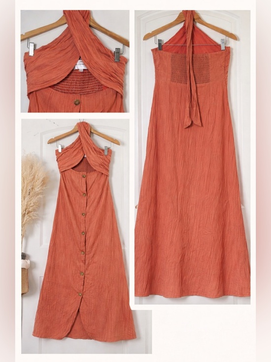 Line & Dot Dresses & Skirts - Line & Dot Rust Halter Midi Dress Button Front Smocked Back Size S Summer